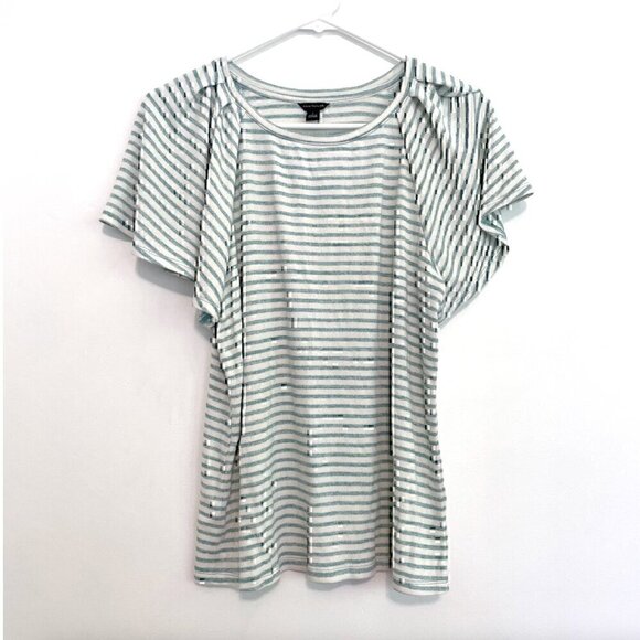 NEW NWT ANN TAYLOR Stripe Flutter Sleeve Tee White Aqua Blue Short Sleeve Knit S - Picture 2 of 12